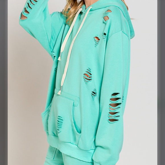 **$5 OFF 58.  POL oversized distressed Hoodie Paradise Mint - Picture 2 of 3